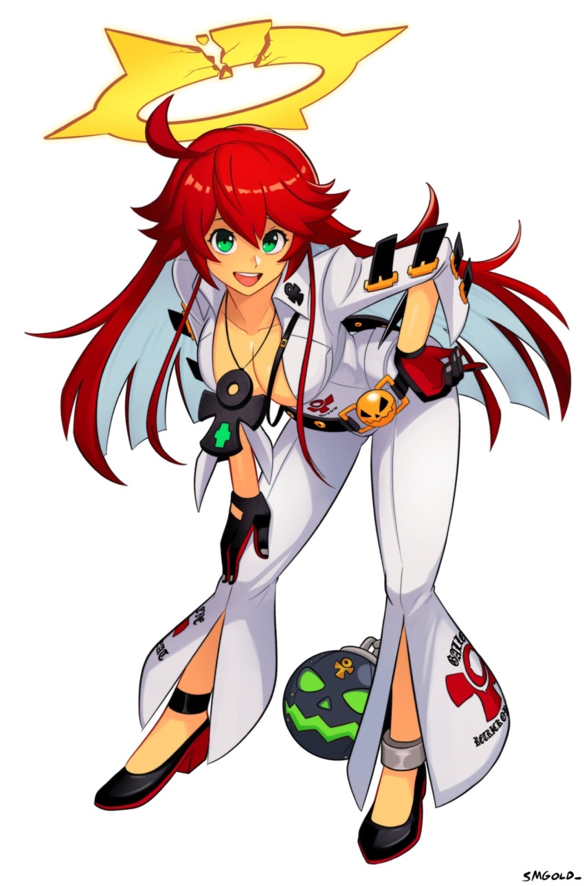 1girl ankh ankh_necklace artist_name ball_and_chain_restraint bodysuit breasts broken_halo collarbone colored_inner_hair gloves green_eyes guilty_gear guilty_gear_strive halo hand_on_own_hip highres jack-o&#039;_valentine leaning_forward long_hair looking_at_viewer medium_breasts multicolored_hair open_mouth red_hair simple_background smgold smile spiked_halo teeth upper_teeth_only white_background white_bodysuit white_hair