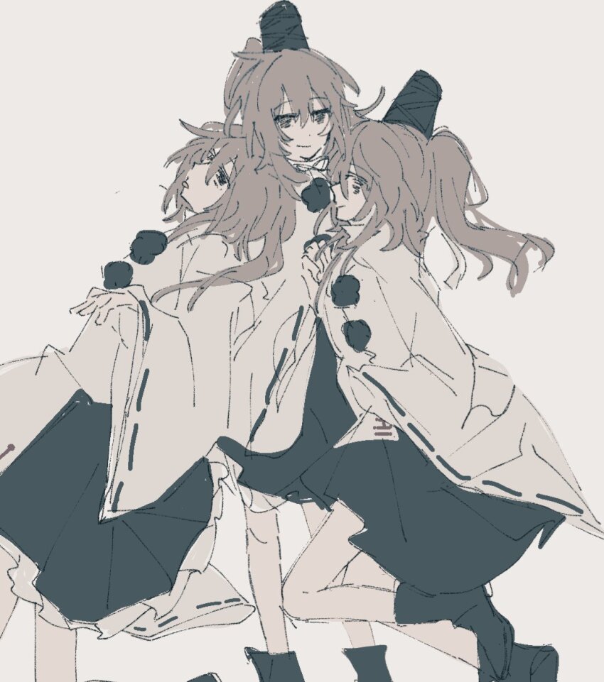 3girls bags_under_eyes bare_legs black_boots black_eyes black_hat black_ribbon black_skirt boots clone closed_mouth commentary dot_nose feet_out_of_frame fingernails frilled_skirt frills grey_background grey_hair hair_between_eyes hand_on_own_chest hashtag-only_commentary hat hat_ribbon head_on_another&#039;s_shoulder highres japanese_clothes kariginu kimono leaning_back long_hair long_sleeves miniskirt mononobe_no_futo multiple_girls pleated_skirt pom_pom_(clothes) ponytail ribbon ribbon-trimmed_sleeves ribbon_trim simple_background skirt smile standing tate_eboshi tongue touhou wavy_hair white_kimono wide_sleeves wssjzwcmd