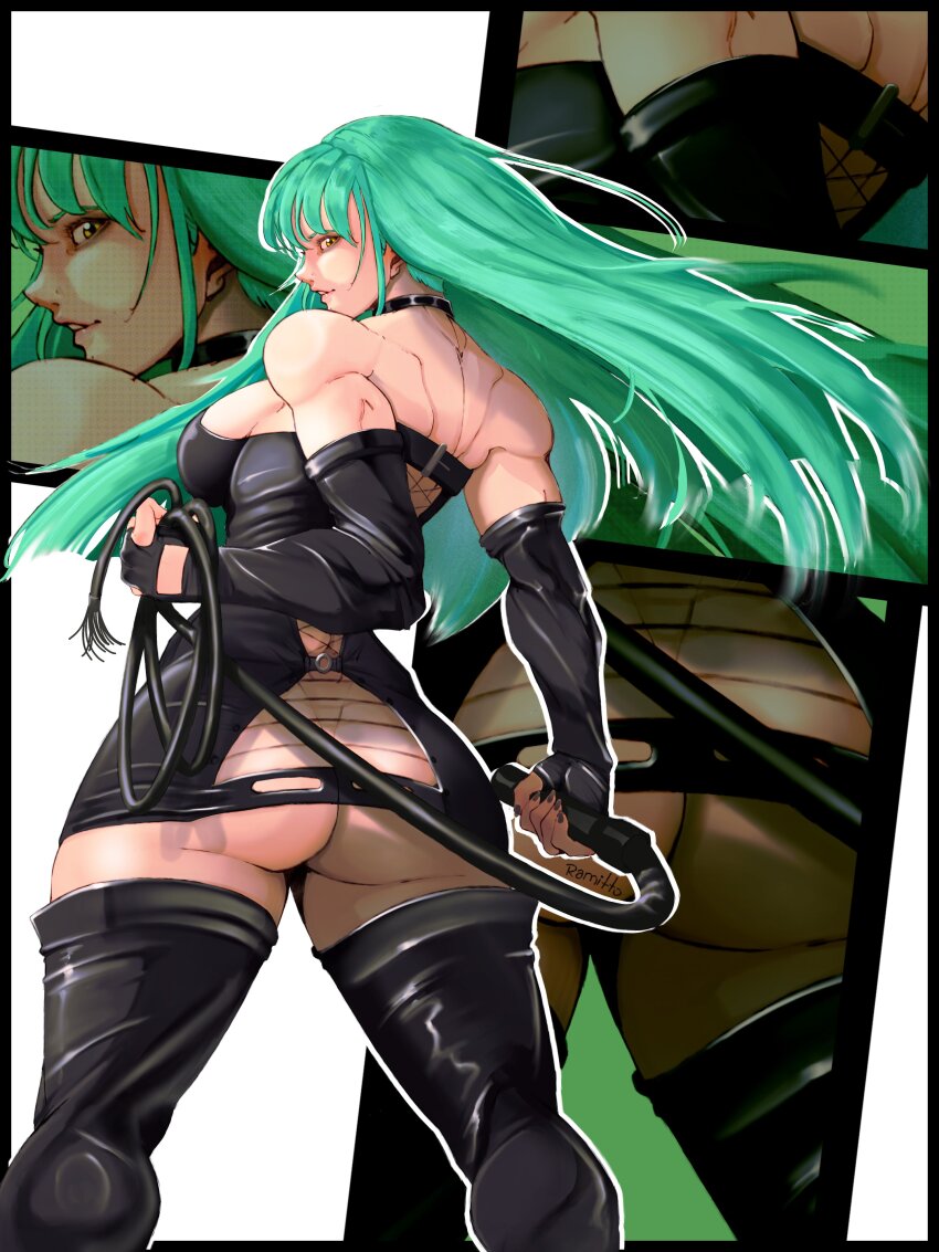 1girl absurdres ass ass_cutout black_footwear black_nails boots breasts close-up clothing_cutout darkstalkers elbow_gloves fingerless_gloves gloves green_hair highres holding holding_whip huge_ass laces long_hair looking_back medium_breasts morrigan_aensland muscular muscular_female ramitto spanking_skirt standing thick_thighs thigh_boots thighs whip zoom_layer