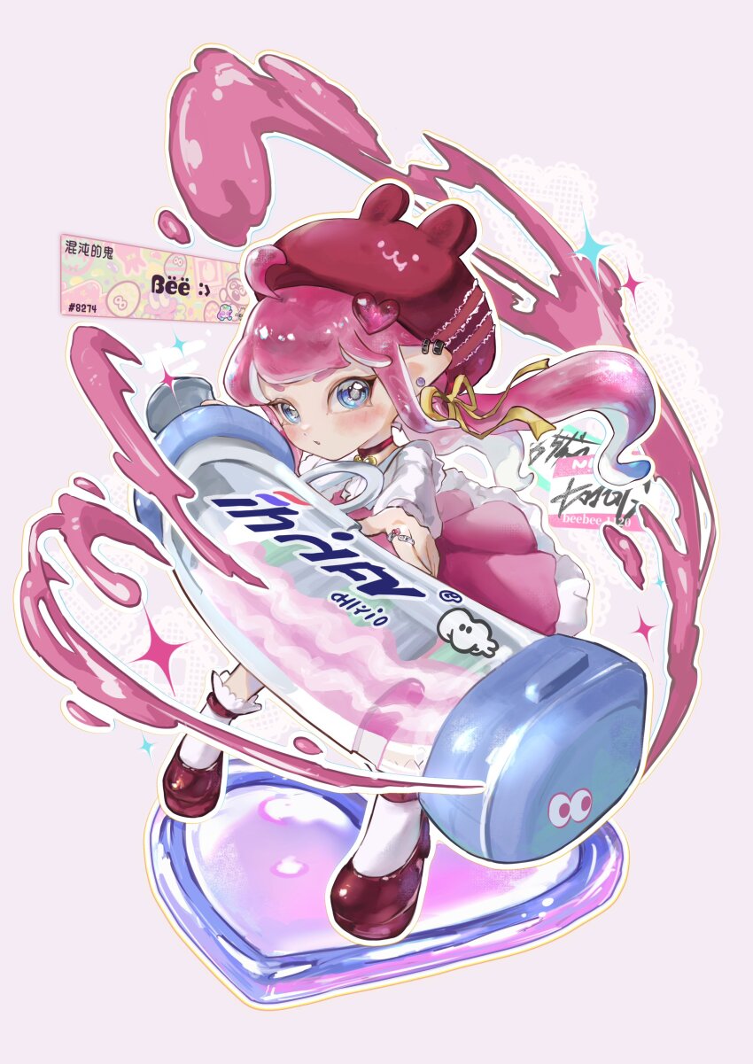 1girl absurdres ahoge artist_name beebee1120 bell beret blue_eyes center_frills choker commentary_request decavitator_(splatoon) earrings frills full_body gem hair_ornament hair_ribbon hat heart heart-shaped_gem heart_hair_ornament heart_in_eye highres holding holding_weapon jewelry light_blush long_hair long_sleeves mary_janes neck_bell nintendo octoling octoling_girl octoling_player_character ornate_ring outline outstretched_arms parted_lips pink_gemstone pink_hair pink_skirt red_choker red_hat red_shoes ribbon ring shirt shoes skirt socks solo splashtag_(splatoon) splatoon_(series) splatoon_3 standing symbol_in_eye tentacle_hair weapon white_outline white_shirt white_socks yellow_ribbon