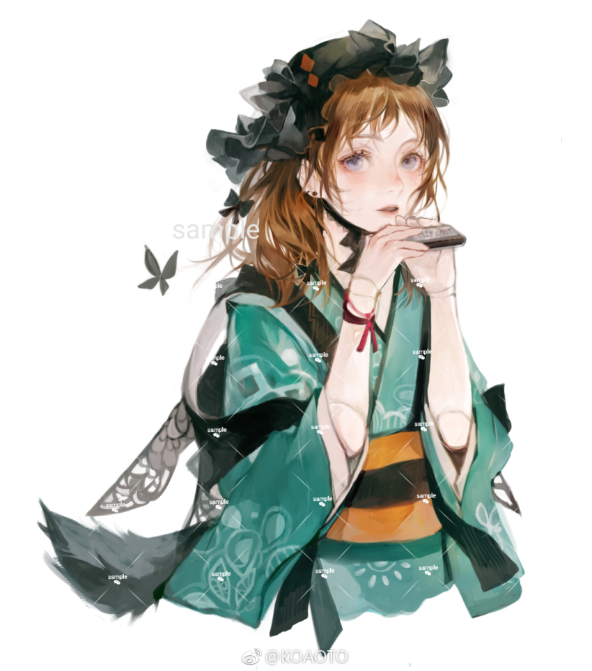 1girl aqua_kimono black_bow black_butterfly black_hat black_sash black_shawl blue_eyes bow brown_hair bug butterfly chinese_commentary commentary_request commission cropped_torso diamond_print dog_tail doll_joints earrings expressionless eyelashes floral_print frilled_headwear hair_bow harmonica hat highres holding holding_instrument insect instrument japanese_clothes jewelry joints kimono koaoto light_blush long_hair long_sleeves mob_cap obi orange_sash original parted_lips pink_lips red_ribbon ribbon sample_watermark sash shawl simple_background single_stripe solo striped_sash stud_earrings tail too_many_watermarks two-tone_sash watermark weibo_watermark white_background wide_sleeves wrist_ribbon yukata
