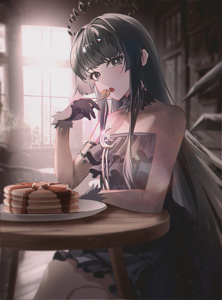 1girl absurdres arknights bare_shoulders black_dress black_eyes black_gloves black_hair black_halo black_wings commentary_request crossed_legs detached_wings dress eating food fork gloves halo highres holding holding_fork hyin indoors long_hair mole mole_under_eye official_alternate_costume on_chair open_mouth pancake pancake_stack sitting solo table very_long_hair virtuosa_(arknights) virtuosa_(diversity_oneness)_(arknights) wings