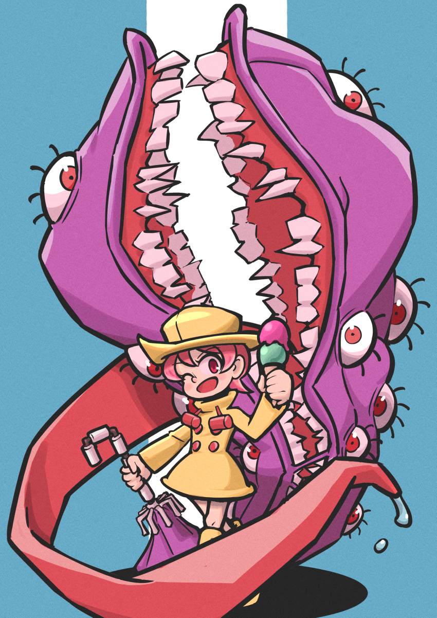 1girl absurdres blue_background boots creepy food hat highres holding holding_umbrella hungern_(skullgirls) ice_cream ice_cream_cone licking_lips monster one_eye_closed onozawa_(buresu21) open_mouth pink_eyes pink_hair raincoat red_eyes skullgirls smile solo tongue tongue_out umbrella umbrella_(skullgirls)