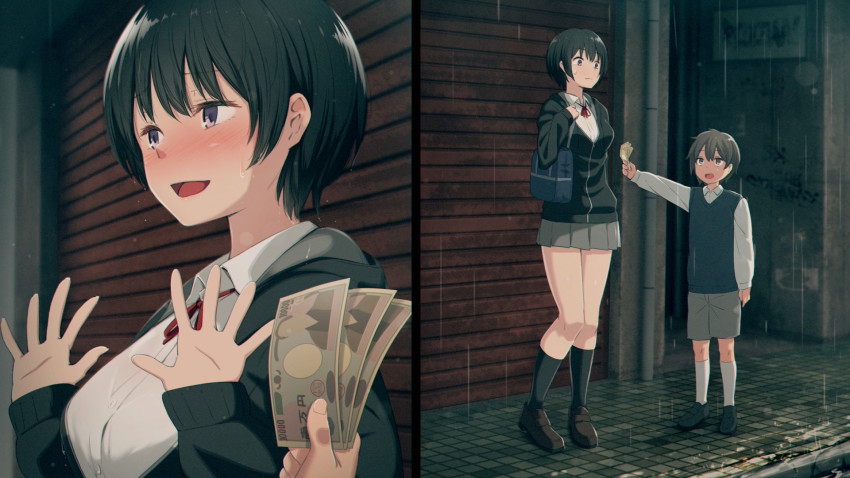 1boy 1girl age_difference bag black_footwear black_hair black_jacket black_legwear blush bob_cut brown_footwear brown_hair child close-up collared_shirt commentary_request dress_shirt embarrassed full_body garage grey_shorts hair_between_eyes hands_up highres holding holding_money jacket kemuri_haku loafers long_sleeves looking_at_another looking_at_viewer looking_away looking_up money neck_ribbon onee-shota open_mouth original outdoors outstretched_arm overhead_door prostitution purple_eyes rain red_ribbon ribbon school_uniform shirt shoes short_hair shorts shoulder_bag sidewalk sleeves_past_wrists socks sweater_vest white_legwear white_shirt