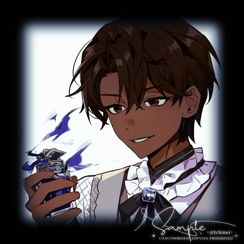1boy alberu_crossman black_border black_bow black_bowtie black_ribbon border bottle bow bowtie brooch brown_eyes brown_hair commentary_request dark-skinned_male dark_skin gem hair_between_eyes highres holding hxp0614 jewelry lout_of_count&#039;s_family male_focus parted_lips perfume_bottle ribbon shirt short_hair signature simple_background smile solo teeth vest white_background