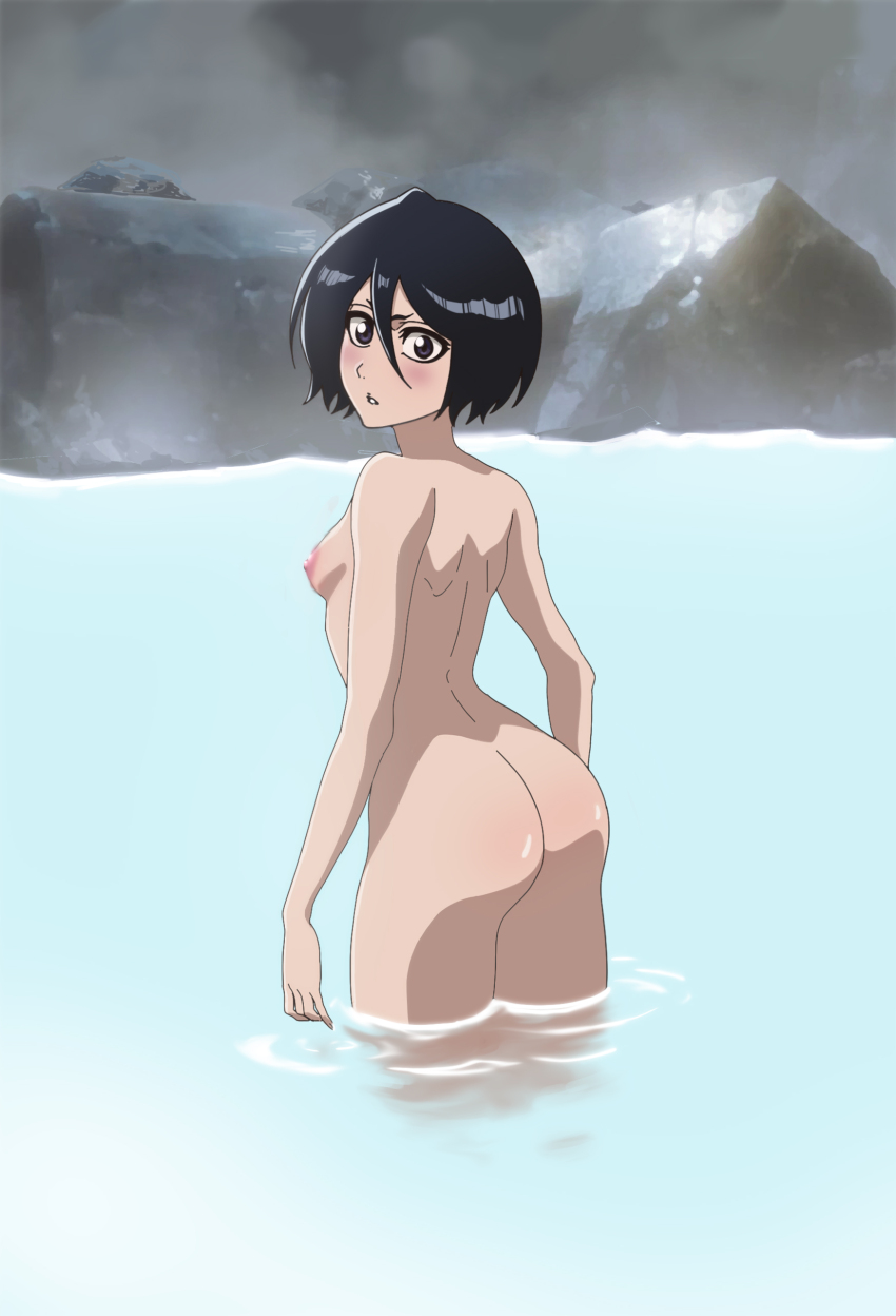 1girl absurdres arms_at_sides ass back bare_arms bare_back bare_hips bare_legs bare_shoulders black_hair bleach bleach:_sennen_kessen-hen blush breasts commission commissioner_upload completely_nude female_focus from_behind hair_between_eyes highres in_water kubo_tite_(style) kuchiki_rukia looking_at_viewer looking_back narrow_waist nipples nude onsen parted_lips partially_submerged petite pov purple_eyes rock rozuberry shiny_skin short_hair slender small_breasts solo solo_focus source_request standing standing_in_water steam water wet