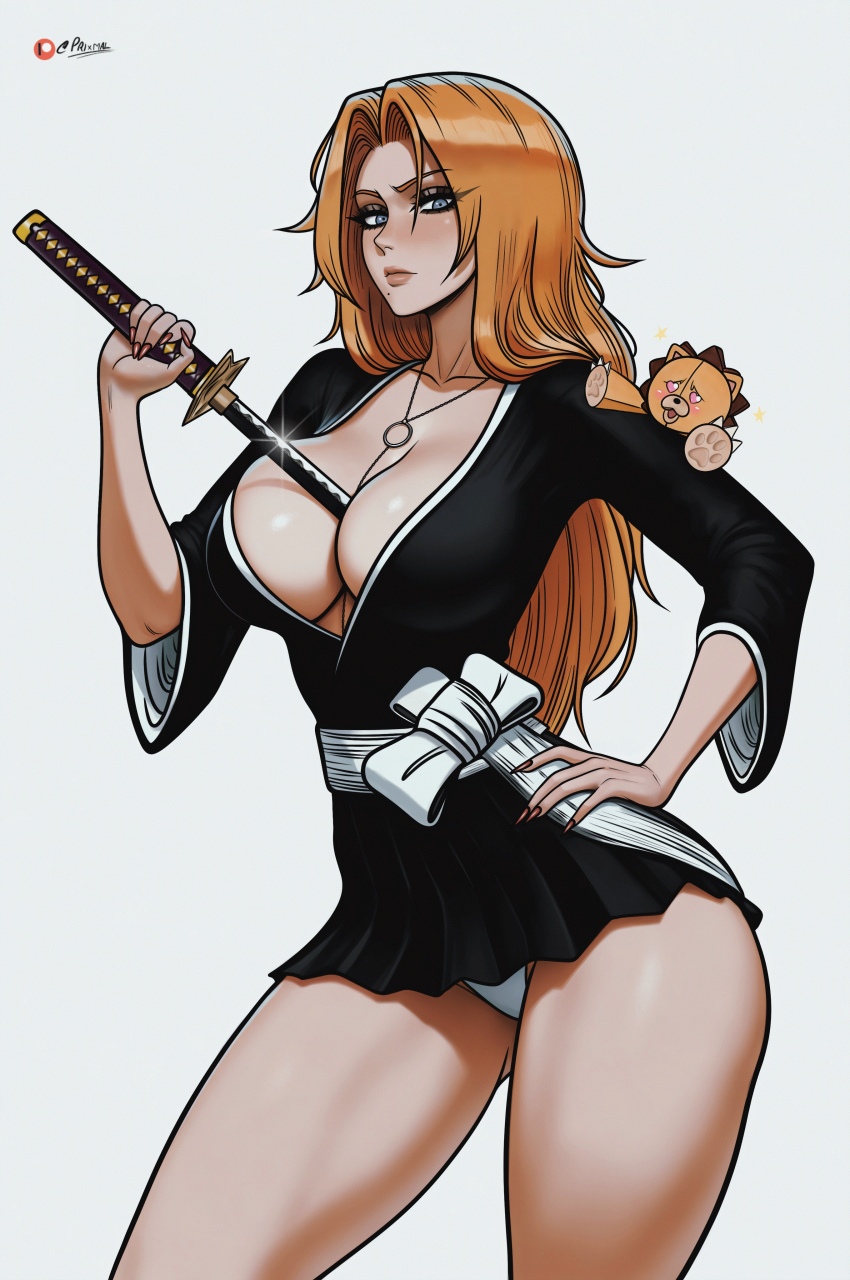 1boy 1girl ai-assisted artist_name bleach blue_eyes breasts chain chain_necklace hand_on_own_hip heart heart-shaped_eyes highres holding holding_sword holding_weapon jewelry kon_(bleach) large_breasts light_blush lips long_hair looking_at_viewer matsumoto_rangiku mole mole_under_mouth necklace panties patreon_username prixmal shihakusho simple_background stuffed_animal stuffed_lion stuffed_toy sword thighs underwear weapon white_background white_panties zanpakutou
