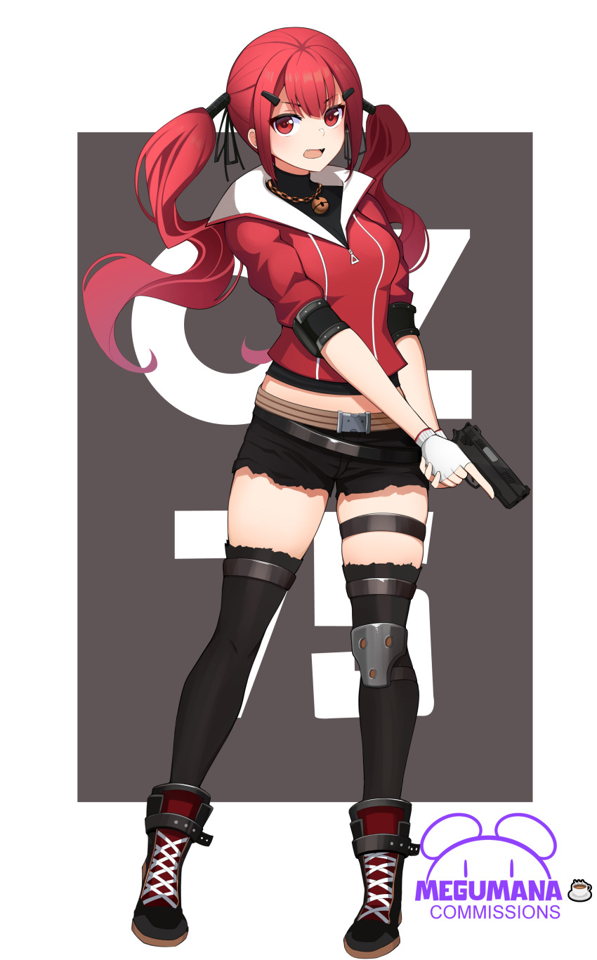 1girl absurdres bell black_boots black_ribbon black_shirt black_shorts black_thighhighs boots breasts commentary commission crop_top cz75_(girls&#039;_frontline) cz75_(winter_forager)_(girls&#039;_frontline) cz_75 english_commentary fingerless_gloves girls&#039;_frontline gloves grey_background gun hair_ornament hair_ribbon hairclip handgun highres holding holding_gun holding_weapon jacket jingle_bell lace-up_boots long_hair looking_at_viewer medium_breasts megumana midriff name_connection neck_bell object_namesake official_alternate_costume open_mouth red_eyes red_hair red_jacket ribbon shirt short_shorts short_sleeves shorts solo thighhighs thighhighs_under_boots twintails two-tone_background very_long_hair weapon white_background white_gloves