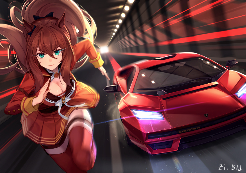 1girl absurdres animal_ears artist_name bld_zi blue_bow blue_eyes bow breasts brown_hair car cleavage commentary cropped_jacket ear_bow ear_ornament floating_hair hair_between_eyes hair_bow headlight_beam highres horse_ears horse_girl jacket lamborghini lamborghini_countach lamborghini_countach_lpi_800-4 logo long_hair long_sleeves maruzensky_(umamusume) medium_breasts motion_blur motor_vehicle pleated_skirt product_placement racing red_car red_jacket red_serafuku red_skirt red_thighhighs reflection road running school_uniform serafuku signature skirt solo sports_car thigh_strap thighhighs tunnel umamusume very_long_hair white_bow zettai_ryouiki