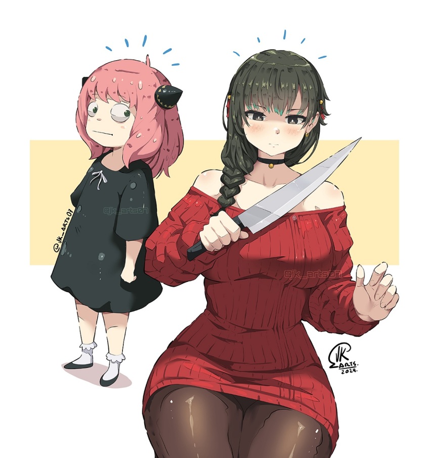 2girls anya_(spy_x_family) black_choker black_dress black_eyes black_hair breasts brown_pantyhose child choker cosplay dress hairpods highres holding holding_knife jk_arts kimi_wa_meido-sama knife large_breasts multiple_girls pantyhose pink_hair red_sweater socks spy_x_family sweater sweater_dress white_socks yor_briar yor_briar_(cosplay) yuki_(kimi_wa_meido-sama)
