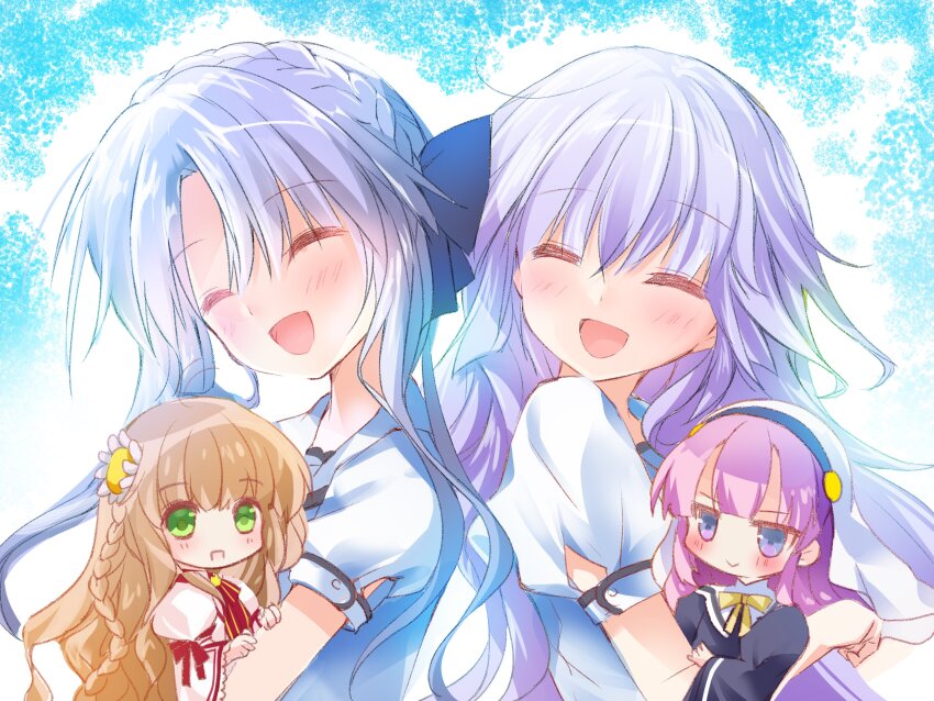 &gt;:) 4girls :d ^_^ absurdres asahina_yori back-to-back black_bow black_dress blue_hair blunt_bangs blunt_ends blush bow bowtie braid brown_hair chibi chibi_inset closed_eyes closed_mouth commentary_request company_connection crossed_bangs crossover crown_braid dress floating_hair flower frilled_sleeves frills green_eyes grey_background hair_between_eyes hair_bow hair_flower hair_ornament happy highres holding_chibi jitome juliet_sleeves kamisama_ni_natta_hi kanbe_kotori kazamatsuri_institute_high_school_uniform key_(company) long_hair long_sleeves looking_at_viewer multiple_girls nun open_mouth pink_hair puffy_short_sleeves puffy_sleeves purple_hair red_bow rewrite sailor_collar satou_hina_(kamisama_ni_natta_hi) school_uniform serafuku shirt short_sleeves siblings side_braid sidelocks simple_background sisters sleeve_bow smile smug sorakado_ai sorakado_ao summer_pockets summer_pockets_school_uniform twins upper_body v-shaped_eyebrows veil very_long_hair white_background white_dress white_flower white_sailor_collar white_shirt white_veil wide_sleeves yellow_bow yellow_bowtie