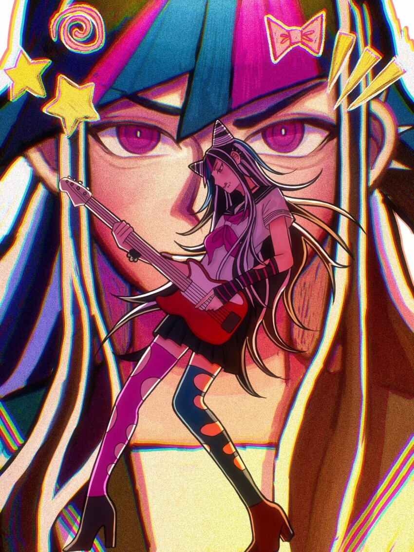 1girl black_hair blue_hair blue_thighhighs blush bow brown_shoes danganronpa_(series) danganronpa_2:_goodbye_despair ear_piercing earrings from_side high_heels highres instrument jewelry long_hair miniskirt mioda_ibuki multicolored_hair multiple_views music outline piercing pink_eyes pink_thighhighs playing_guitar playing_instrument pleated_skirt scrunchie shoes skirt smile thighhighs torn_clothes torn_thighhighs tuwurtle white_hair white_outline wrist_scrunchie