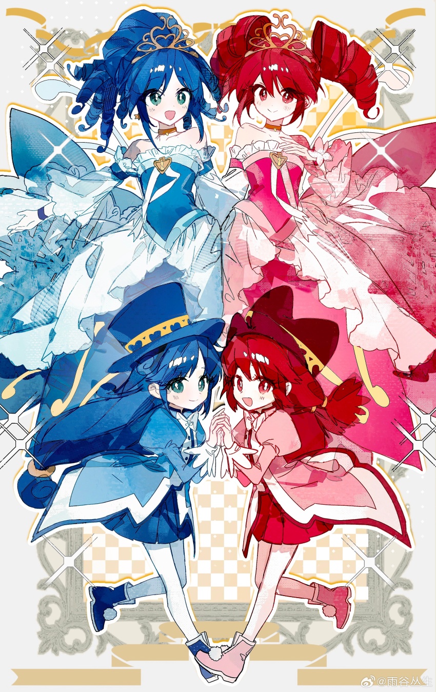 2girls :d absurdres aqua_eyes blue_boots blue_dress blue_hair blue_skirt blush boots buqiyong chinese_commentary commentary_request detached_sleeves dress drill_hair fine_(futagohime) flower frilled_dress frills fushigiboshi_no_futago_hime highres holding_hands juliet_sleeves long_hair long_sleeves looking_at_viewer low-tied_long_hair low_ponytail low_twintails multiple_girls open_mouth pleated_skirt ponytail puffy_sleeves red_boots red_dress red_eyes red_hair red_skirt red_sleeves rein_(futagohime) skirt smile strapless strapless_dress tiara twin_drills twintails white_sleeves