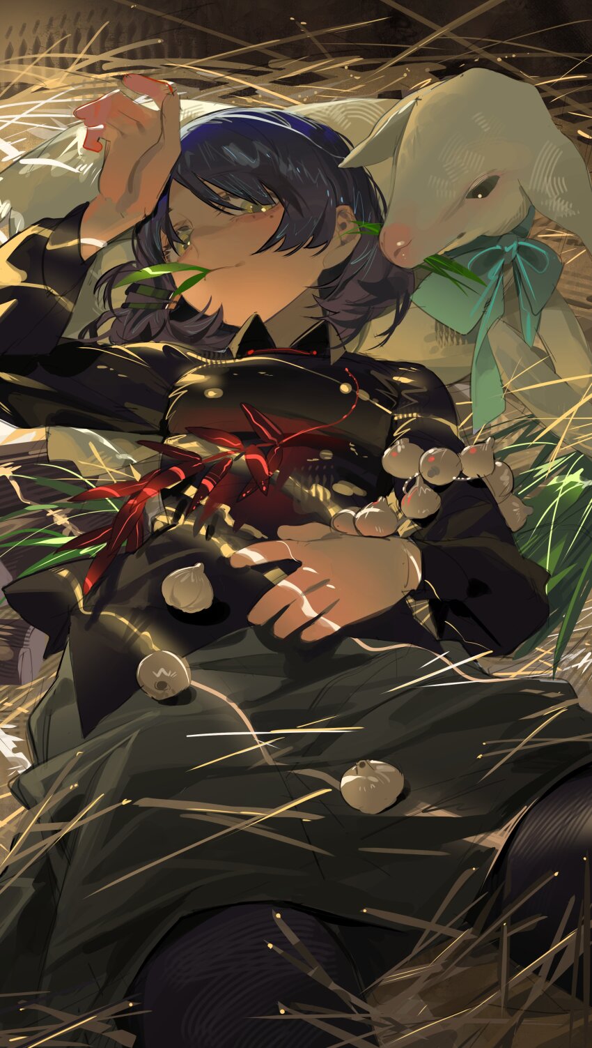 1girl absurdres animal baby_animal black_shirt blue_hair bocchi_the_rock! closed_mouth highres lamb looking_at_viewer lying omurice_(304975636) on_back sheep shirt short_hair smile solo yamada_ryo