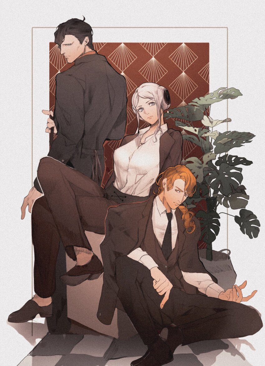 1girl 2boys alternate_costume back black_hair black_jacket black_necktie black_pants black_shoes black_suit black_vest brown_jacket brown_pants brown_shoes brown_suit business_suit closed_mouth collared_jacket collared_shirt commentary_request crossed_legs curly_hair double_bun edelgard_von_hresvelg edelgard_von_hresvelg_(timeskip) ferdinand_von_aegir ferdinand_von_aegir_(timeskip) fire_emblem fire_emblem:_three_houses formal_clothes friends from_behind from_side full_body grey_background hair_between_eyes hair_bun hair_ornament hair_over_one_eye hair_over_shoulder hair_up head_tilt highres hubert_von_vestra hubert_von_vestra_(timeskip) jacket leaning_back long_hair long_sleeves looking_at_viewer looking_to_the_side multiple_boys necktie nintendo open_clothes open_jacket orange_eyes orange_hair pants parted_bangs plant potted_plant purple_eyes shade shadow shirt shoes short_hair sitting suit suit_jacket user_jdxn7382 vest wavy_hair white_hair white_shirt
