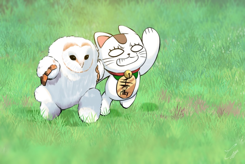 animal barn_owl bird chick dandadan day ehho_ehho_(meme) grass highres lull_1428 meme no_humans outdoors owl running teeth turbo_granny_(dandandan)