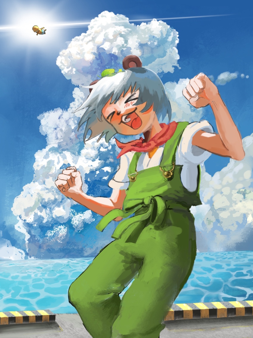 &gt;_&lt; 1boy 1girl :3 animal_ears animal_nose bandana bandana_around_neck blue_sky blush clenched_hands cloud commentary_request cumulonimbus_cloud day excited feet_out_of_frame floating_hair flying green_overalls grey_hair hands_up highres horizon leaf leaf_on_head lens_flare mode_aim ocean open_mouth overalls peanuts-kun pier ponpoko_(vtuber) raccoon_ears raccoon_girl red_bandana shirt shore short_hair short_sleeves sky solo_focus standing sun takanuma_hayu virtual_youtuber white_shirt