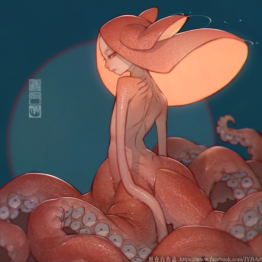 1girl artist_logo clip_studio_paint_(medium) colored_skin flat_chest logo monster_girl original photoshop_(medium) red_eyes red_skin scylla slimy solo squid_girl suction_cups tentacles zhaoyebai