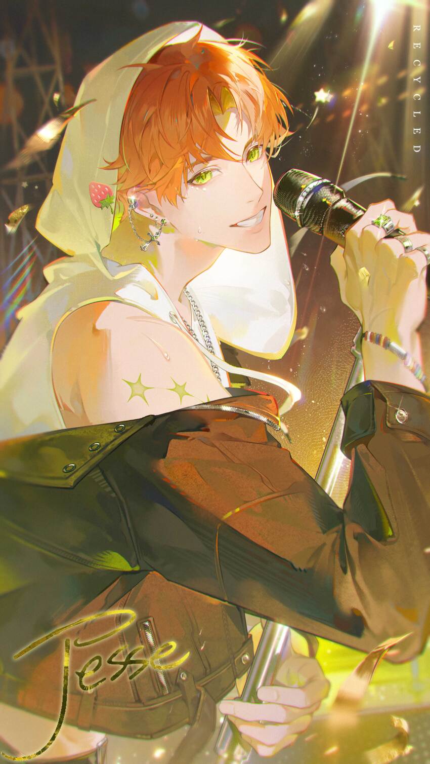 1boy absurdres artist_name bracelet brown_jacket buttons chromatic_aberration confetti ear_piercing eyelashes fingernails green_eyes grin highres holding holding_microphone_stand hood hood_up jacket jewelry light_and_night_love long_sleeves looking_at_viewer male_focus microphone microphone_stand multiple_rings orange_hair parted_bangs piercing recycled ring shirt short_hair smile solo sweat teeth xia_mingxing