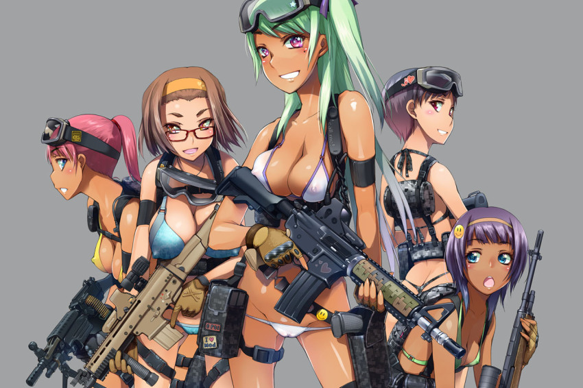 5girls ammunition ammunition_belt asaki_takayuki assault_rifle bad_id bad_pixiv_id bikini bipod black_hair blue_eyes blush breast_press breasts brown_hair butt_crack cameltoe cleavage covered_erect_nipples crossdraw_holster dark-skinned_female dark_skin eotech fingerless_gloves fingernails fn_scar glasses gloves goggles goggles_on_head green_hair grin groin gun holster huge_breasts large_breasts light_machine_gun long_fingernails long_hair looking_back lowleg lowleg_bikini m-21 m249_saw m4_carbine machine_gun military_operator mole mole_under_eye multiple_girls o-ring o-ring_top open_mouth original pink_hair ponytail purple_hair rifle scope see-through_clothes shiny_skin short_hair smile smiley_face sniper_rifle squad_automatic_weapon strap_gap swimsuit thigh_holster thigh_strap trigger_discipline vertical_forward_grip weapon