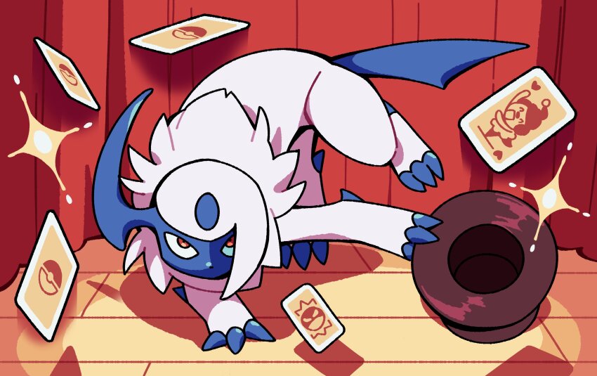 absol absurdres animal_focus card claws commentary curtains english_commentary fourleafisland game_freak gen_1_pokemon gen_3_pokemon gen_4_pokemon hat highres holding holding_unworn_clothes holding_unworn_hat indoors looking_at_viewer mime_jr. nintendo no_humans playing_card pokemon pokemon_(creature) red_eyes stage unworn_hat unworn_headwear voltorb