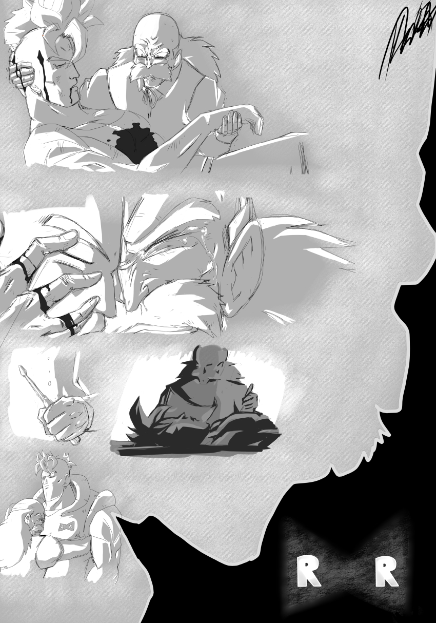 2boys absurdres android_16 bald blood closed_eyes crying dr._gero_(dragon_ball) dragon_ball dragonball_z earrings facial_hair family father_and_son highres hug jewelry long_hair mohawk monochrome multiple_boys mustache old old_man red_ribbon_army short_hair signature summector white_hair