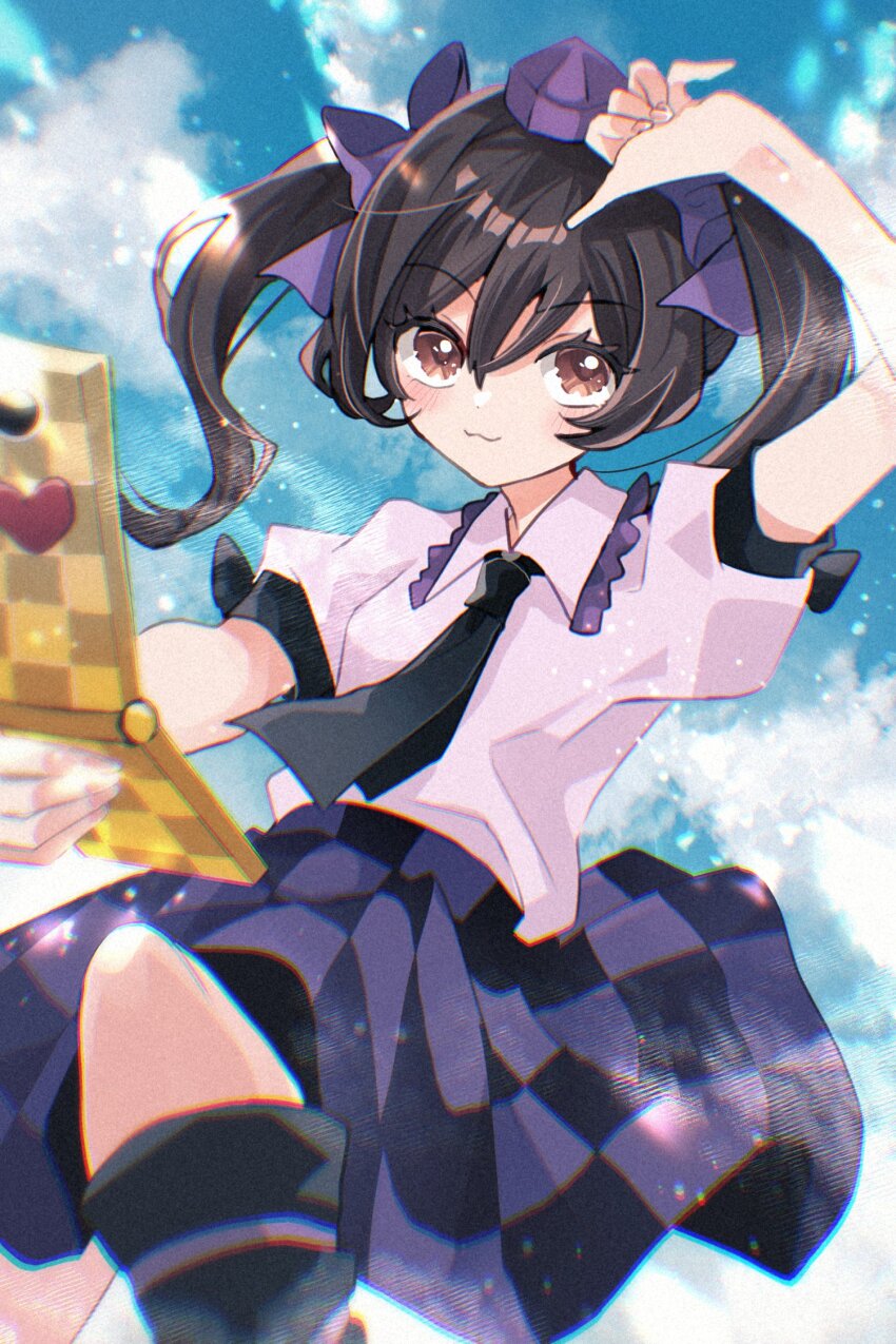 1girl :3 black_hair black_necktie black_socks blush bow breasts brown_eyes camera_phone cellphone checkered_clothes checkered_skirt cloud collared_shirt cowboy_shot flip_phone hair_ribbon hat highres himekaidou_hatate holding holding_phone katsuragi_atori kneehighs looking_at_viewer necktie phone pink_shirt purple_bow purple_hat purple_ribbon purple_skirt ribbon shirt short_hair short_sleeves skirt sky smile socks solo square-end_necktie tokin_hat touhou twintails