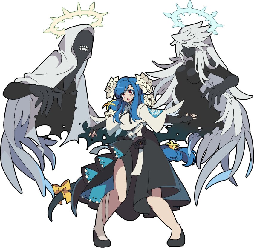 1girl black_dress black_flower black_shoes blue_hair braid dizzy_(guilty_gear) dress flower full_body guilty_gear guilty_gear_strive hair_flower hair_ornament halo highres jacket kekeken lizard_tail necro_(guilty_gear) open_mouth queen_dizzy red_eyes shoes short_sleeves sidelocks solo tail undine_(guilty_gear) v white_flower white_jacket white_wings wings