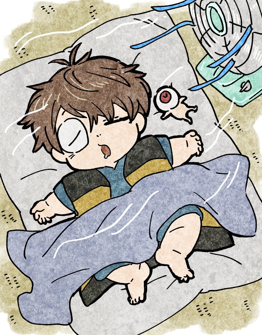 1boy 20091002 absurdres ahoge baby bare_arms barefoot blanket blowing brown_hair chanchanko_(clothes) child covering_with_blanket drooling electric_fan fang futon gegege_no_kitarou hair_over_one_eye highres kitarou kitarou_tanjou:_gegege_no_nazo lying medama_oyaji mouth_drool on_back one_eye_closed one_eye_covered open_mouth pajamas parted_bangs puffy_cheeks saliva sleeping soles tatami under_covers wind
