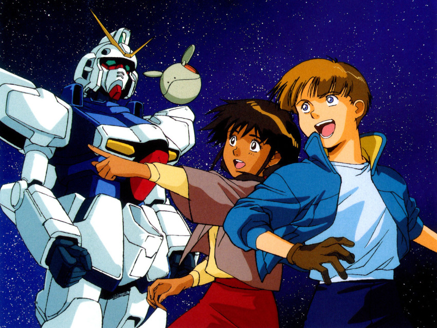 1990s_(style) 1boy 1girl blonde_hair blue_eyes brown_hair couple dark-skinned_female dark_skin dress gundam happy haro jacket mobile_suit official_art pointing retro_artstyle robot shakti_kareen space uso_evin uso_ewin victory_gundam victory_gundam_hexa