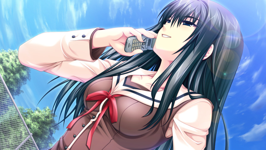 1girl alpha_(yukai_na_nakamatachi) black_hair blue_eyes blue_sky breasts brown_vest cellphone cloud collarbone collared_shirt dutch_angle flip_phone g-senjou_no_maou game_cg grin hair_between_eyes half-closed_eyes holding holding_phone lens_flare long_hair long_sleeves medium_breasts phone red_ribbon ribbon sailor_collar sailor_shirt school_uniform shirt sky smile solo straight_hair tokita_yuki upper_body vest white_shirt