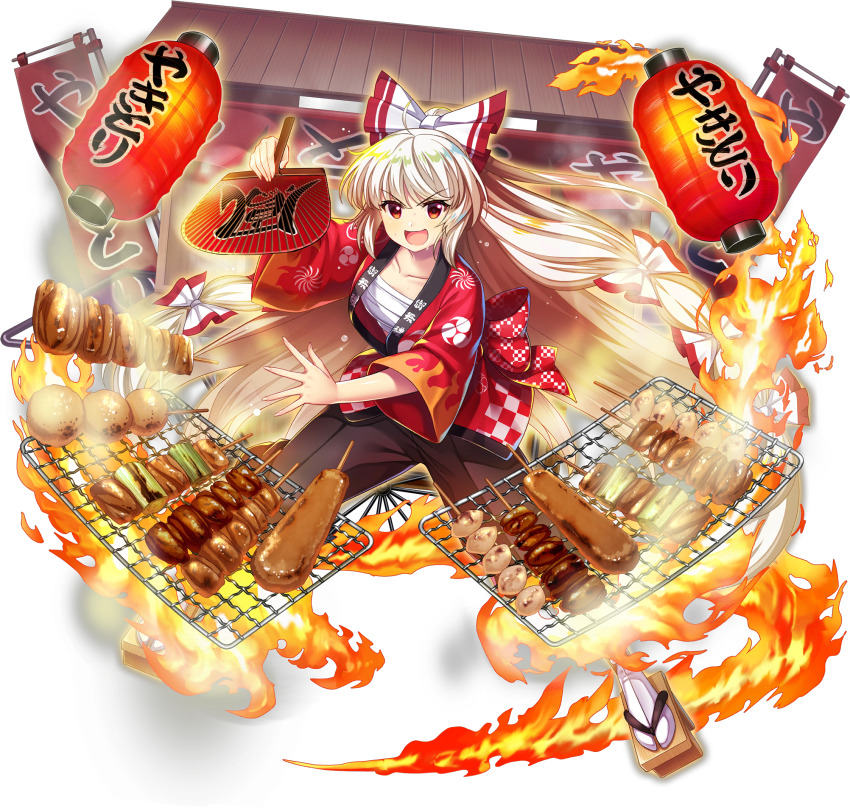 1girl :d alternate_costume bow brown_pants chest_sarashi collarbone cooking fire food food_stand fujiwara_no_mokou fujiwara_no_mokou_(yakitori_stand_chef) game_cg geta grilling hair_bow hand_fan happi highres holding holding_fan japanese_clothes lantern long_hair long_sleeves looking_at_viewer multiple_hair_bows official_art open_mouth pants paper_lantern pyrokinesis red_eyes red_shirt rotte_(1109) sarashi shirt skewer smile socks solo tabi third-party_source touhou touhou_lostword translation_request transparent_background very_long_hair white_bow white_hair white_socks yakitori yatai