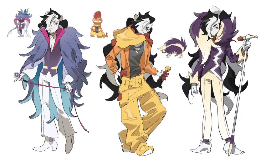 1boy alternate_costume black_hair closed_mouth collar creatures_(company) eyeshadow game_freak gen_4_pokemon gen_5_pokemon gen_6_pokemon gloves grey_eyeshadow hand_on_own_hip highres holding jacket makeup malamar male_focus microphone_stand molymes multicolored_hair multiple_views nintendo orange_jacket pants piers_(pokemon) pokemon pokemon_swsh purple_jacket red_gloves scrafty shoes skuntank two-tone_hair white_footwear white_gloves white_hair white_pants yellow_pants yellow_shoes