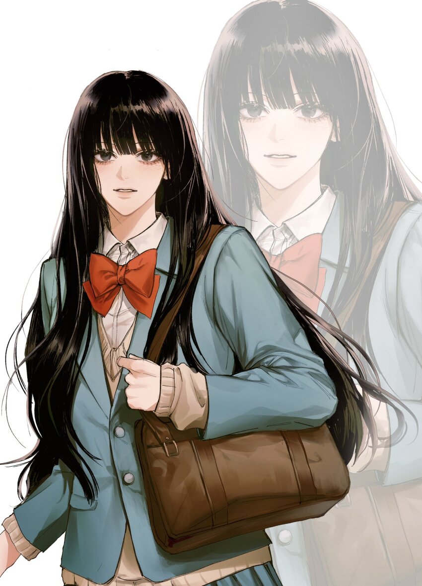 1girl bag black_eyes black_hair blue_jacket blue_skirt bow bowtie brown_sweater_vest collared_shirt commentary_request dang0_23 eyelashes eyeshadow handbag highres holding holding_bag jacket kimi_ni_todoke korean_commentary kuronuma_sawako long_hair looking_at_viewer makeup parted_lips red_bow red_bowtie shirt skirt smile sweater_vest teeth upper_body white_background white_shirt