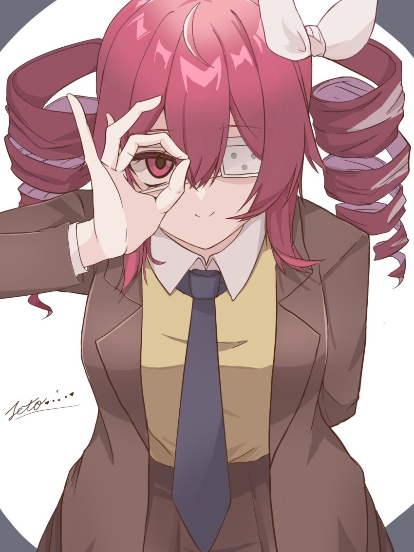 1girl ahoge blue_necktie brown_coat brown_skirt circle_hands coat double-parted_bangs drill_hair eyepatch hair_between_eyes hashtag-only_commentary highres kasane_teto kasane_teto_(sv) medical_eyepatch monitoring_(vocaloid) necktie one_eye_covered ramie_li red_eyes red_hair shirt skirt smile solo synthesizer_v twin_drills utau yellow_shirt