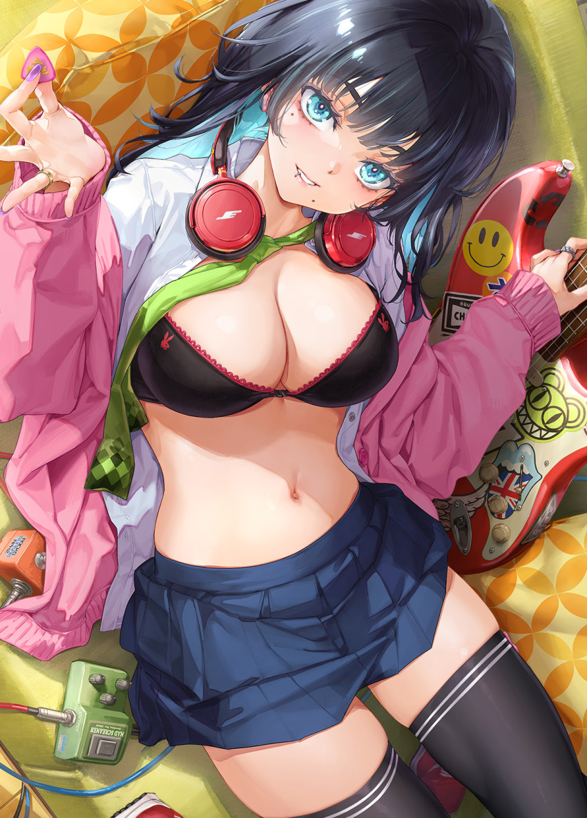 1girl black_bra black_hair black_thighhighs blue_hair bra breasts cable cardigan commentary_request effects_pedal electric_guitar face_piercing guitar happoubi_jin headphones headphones_around_neck highres holding holding_plectrum instrument jewelry large_breasts lip_piercing looking_at_viewer lying melonbooks mole mole_under_eye mole_under_mouth multicolored_hair navel on_back open_cardigan open_clothes open_shirt original piercing plectrum ring skirt smile solo thighhighs two-tone_hair underwear zettai_ryouiki