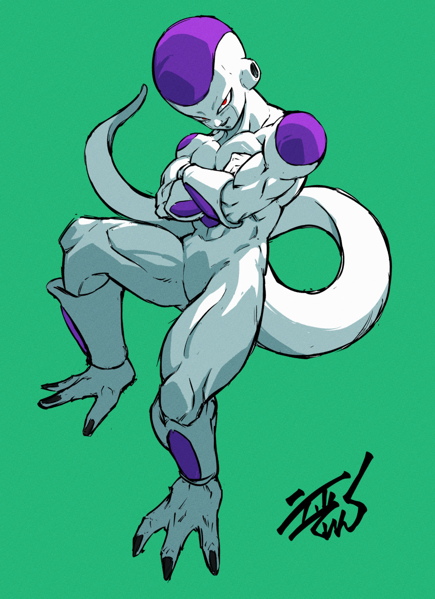 1boy absurdres black_nails closed_mouth colored_skin crossed_arms dragon_ball dragon_ball_(classic) fewer_digits final_form_frieza floating frieza full_body green_background highres liedein looking_at_viewer male_focus red_eyes signature simple_background solo white_skin