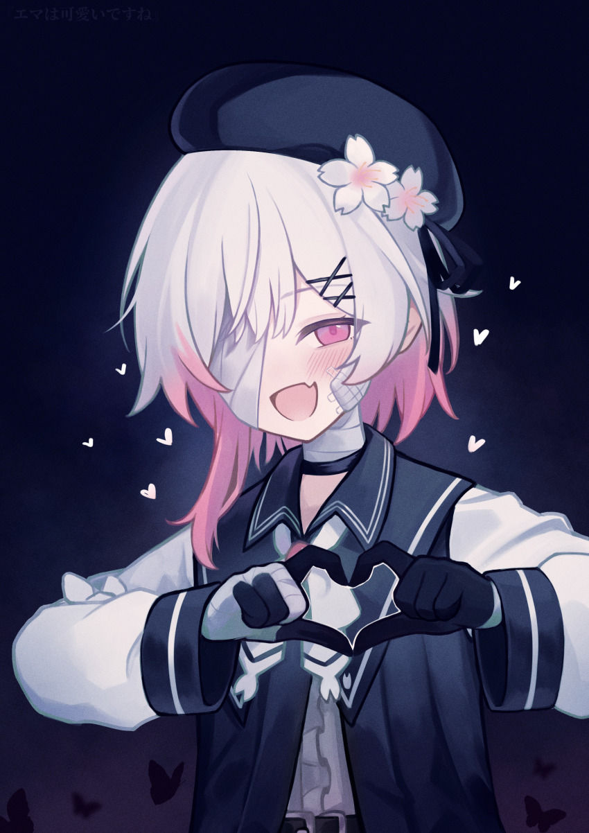 1girl :d absurdres bandage_over_one_eye bandaged_neck bandages black_choker black_gloves black_hat black_jacket choker fang flower four-finger_heart_hands gauze gauze_on_cheek gloves gradient_hair hair_flower hair_ornament hat heart heart_hands highres hizikata398 jacket long_hair long_sleeves looking_at_viewer mahou_shoujo_no_majo_saiban multicolored_hair open_mouth pink_eyes pink_hair sakuraba_ema skin_fang smile solo speech_bubble spoken_blush two-tone_hair upper_body white_hair x_hair_ornament