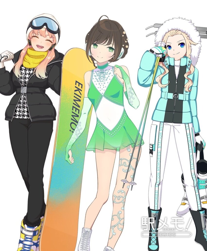 3girls blonde_hair brown_hair figure_skating figure_skating_dress highres multiple_girls niizuru_mafuyu oomisaki_kikka pants shirahama_marin snowboard station_memories whire_leotard white_pants