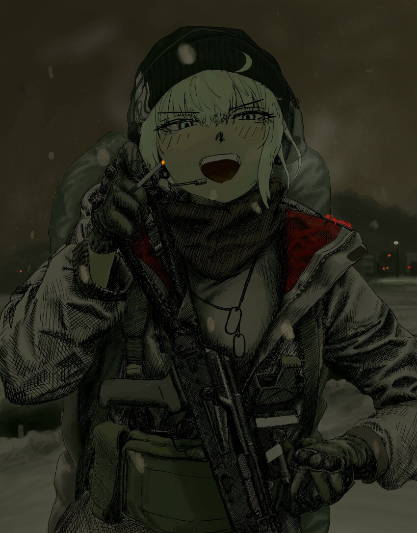 1girl absurdres ak-74m assault_rifle beanie callsign:_cedar character_request cigarette dog_tags gloves green_eyes green_gloves gun hat hatching_(texture) highres holding holding_cigarette imponte1232 jacket kalashnikov_rifle korean_commentary load_bearing_vest long_sleeves looking_at_viewer military_combat_uniform military_uniform night open_mouth outdoors rifle scarf smile snowing solo upper_body weapon weapon_request white_hair white_jacket
