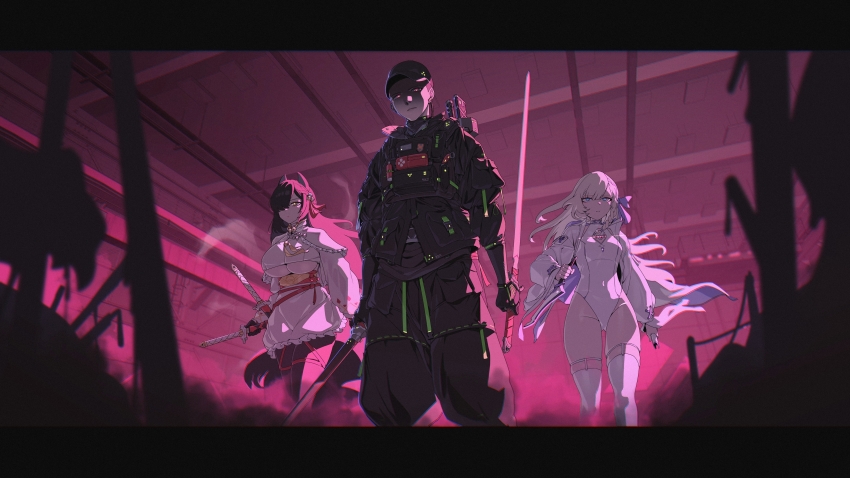 1boy 2girls absurdres black_gloves black_hair blonde_hair blue_eyes breasts bulletproof_vest dual_wielding gloves groin hair_over_one_eye hat highres holding holding_sword holding_weapon jin_rou large_breasts leotard long_hair looking_at_viewer medium_breasts multiple_girls original red_eyes sash sheath sheathed sword thighhighs underboob weapon white_thighhighs yellow_eyes