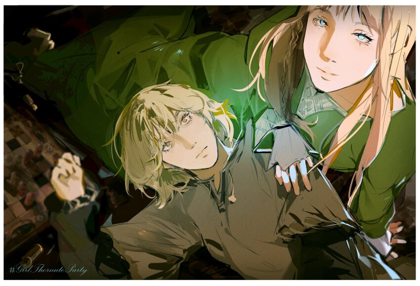 2girls blonde_hair blue_eyes board_game braid brown_eyes canute canutie closed_mouth english_text eyebrows eyebrows_hidden_by_hair eyelashes female_focus genderswap genderswap_(mtf) hashtag highres long_hair looking_at_viewer lying lying_on_person medium_hair multiple_girls nostrils thorfinn vinland_saga yuri