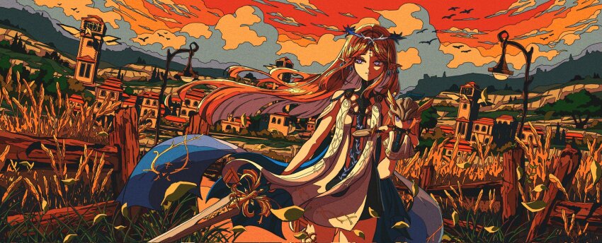 1girl artdroiiid_ii bare_shoulders black_collar black_dress blonde_hair blue_eyes cartethyia_(wuthering_waves) closed_mouth collar commentary cowboy_shot crown_of_thorns dress earrings english_commentary hand_puppet highres holding holding_sword holding_weapon jewelry ligne_claire long_hair looking_to_the_side outdoors parted_bangs pointy_ears puppet sidelocks solo sword tabard tacet_mark_(wuthering_waves) weapon white_tabard wind wuthering_waves