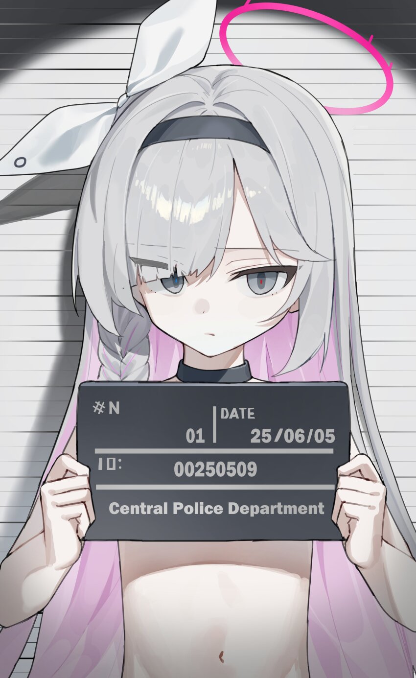 1girl absurdres black_choker black_hairband blue_archive bow braid choker colored_inner_hair commentary dated english_commentary eyes_visible_through_hair frown grey_eyes grey_hair hair_bow hair_over_one_eye hairband halo height_chart highres holding holding_sign huu_(dighapdlxm12) loli long_bangs long_hair looking_at_viewer mugshot multicolored_hair navel nude pink_hair plana_(blue_archive) side_braid sign single_braid solo two-tone_hair upper_body very_long_hair