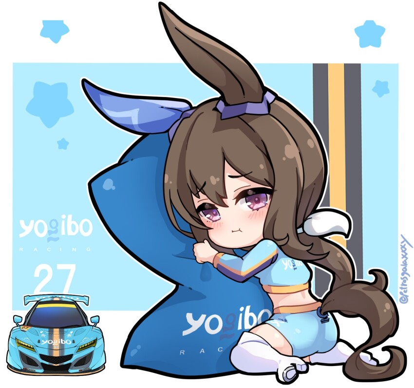 1girl admire_vega_(umamusume) alternate_costume animal_ears ass breasts brown_hair car chibi commentary_request hair_between_eyes hair_ornament highres horse_ears horse_girl horse_tail looking_at_viewer motor_vehicle peteron pillow ponytail shorts simple_background solo tail twitter_username umamusume yogibo