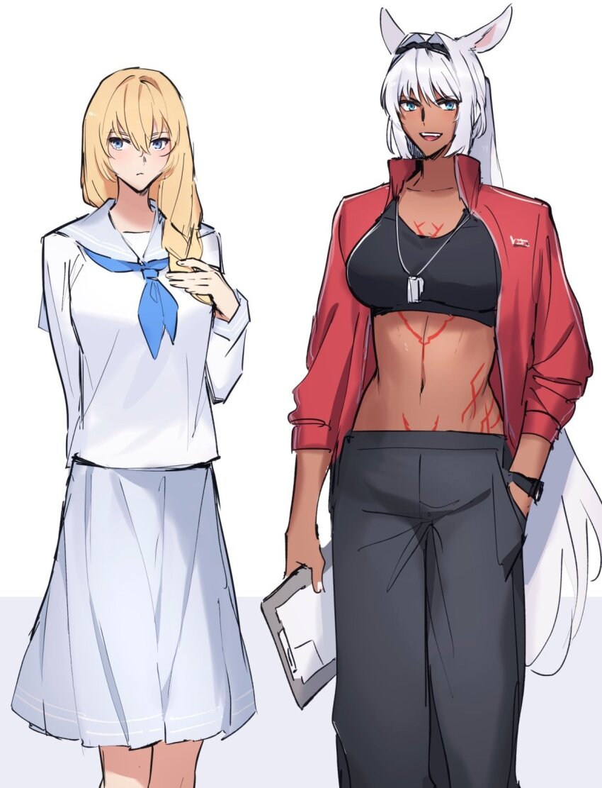 2girls alternate_costume animal_ears arm_behind_back ascot black_hairband black_sports_bra blonde_hair blue_ascot blue_eyes blue_neckerchief blue_sailor_collar blunt_sidelocks body_markings braid braided_ponytail breasts caenis_(fate) chest_tattoo clipboard cowboy_shot dark-skinned_female dark_skin dog_tags fate/grand_order fate_(series) genderswap genderswap_(mtf) grey_pants grey_skirt grey_wrist_cuffs hair_intakes hair_over_shoulder hairband hand_in_pocket hand_on_own_chest high_ponytail highres holding holding_own_hair horse_ears jacket kirschtaria_wodime large_breasts long_hair looking_past_viewer low-braided_long_hair low-tied_long_hair midriff multiple_girls navel neckerchief open_mouth pants ponytail red_jacket sabamori sailor_collar school_uniform serafuku shirt sidelocks single_braid skirt sleeves_pushed_up smile sports_bra stomach_tattoo tattoo watch white_hair white_serafuku white_shirt wrist_cuffs wristwatch