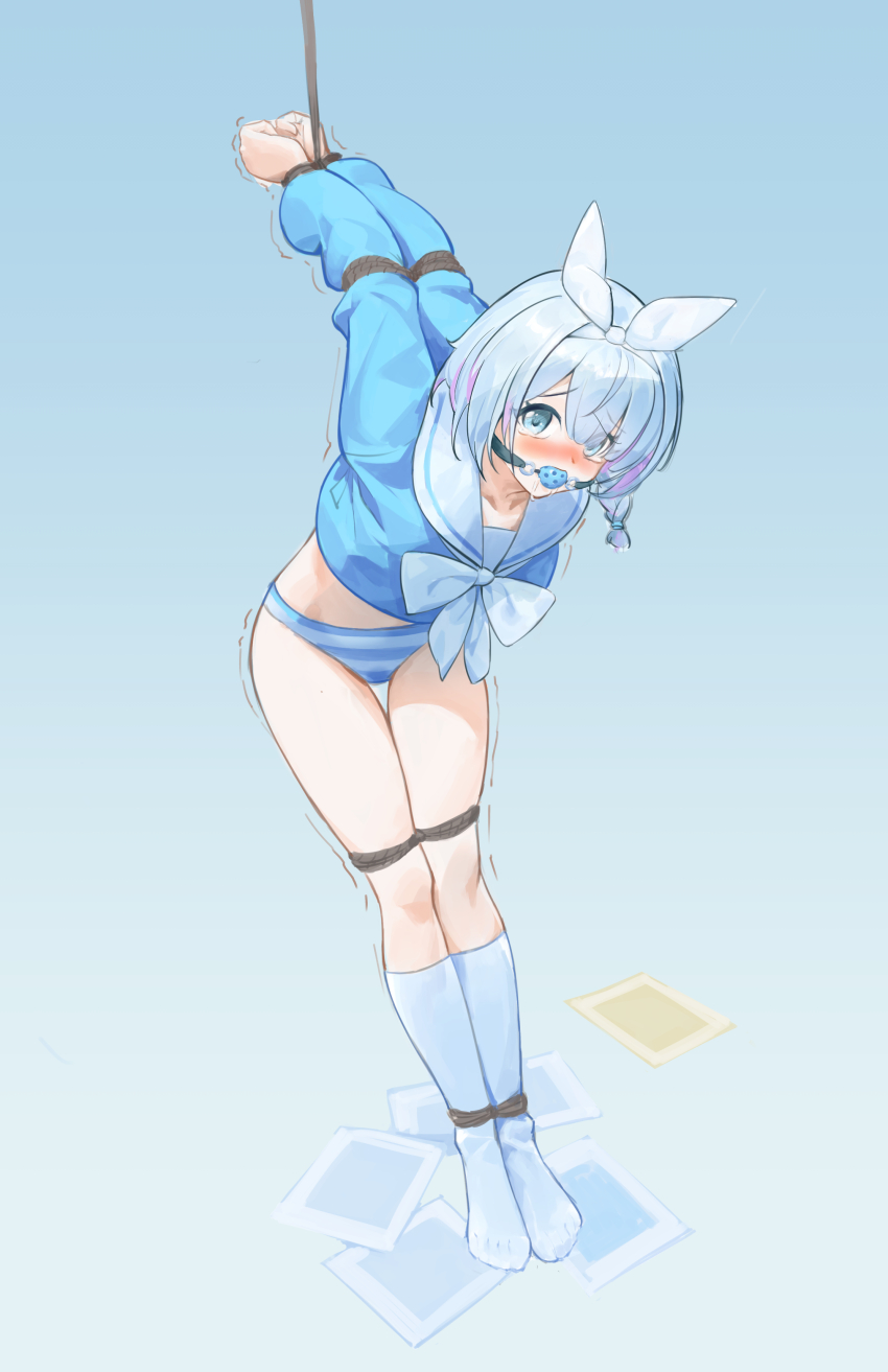 1girl absurdres arms_behind_back arona_(blue_archive) ball_gag bdsm blue_archive blue_background blue_eyes blue_hair blue_shirt bondage bound braid drooling gag gagged gradient_background highres no_pants no_shoes panties rope sailor_collar sakebiwagajoou shirt side_braid socks strappado striped_clothes striped_panties tears underwear white_sailor_collar white_socks