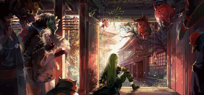 1girl animal ankle_boots architecture arknights artist_name black_coat boots building clothed_animal coat day east_asian_architecture facing_away fox_mask from_behind green_footwear green_hair green_pants highres horns hoshiguma_(arknights) indoors japanese_clothes kimono long_hair long_sleeves mask monster on_floor oni_mask open_door pants plant single_horn sitting skin-covered_horns solo_focus standing tree unworn_mask vines wide_sleeves window_blinds wolf yingzi