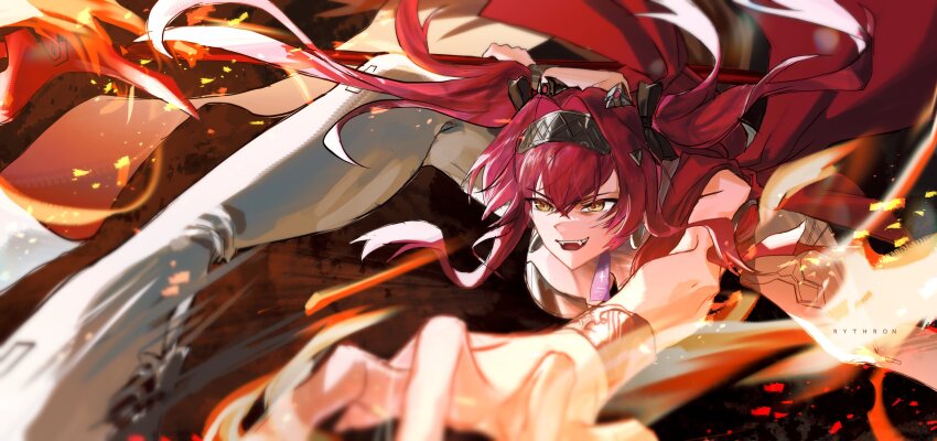 1girl absurdres artist_name black_bow boots bow breasts commentary hair_bow hairband highres holding holding_polearm holding_weapon long_hair looking_afar looking_ahead lupa_(wuthering_waves) medium_breasts metal_hairband multiple_hair_bows open_mouth pink_hair polearm red_sash rythron4 sash smile solo thigh_boots twintails weapon white_boots wrist_guards wuthering_waves yellow_eyes