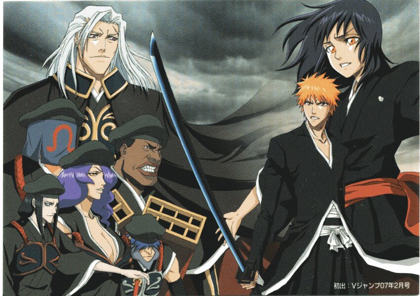 00s 2006 2girls 6+boys angry bankai bau_(bleach) benin_(bleach) bleach bleach:_memories_of_nobody breasts cape evil_smile ganryuu hair_ribbon hair_up hat high_ponytail highres holding holding_sword holding_weapon jai_(bleach) japanese_clothes katana kimono kurosaki_ichigo large_breasts long_hair movie_poster mue_(bleach) multiple_boys multiple_girls obi official_art orange_hair ponytail purple_hair ribbon riyan_(bleach) sash scan school_uniform senna_(bleach) short_hair smile spiked_hair sword weapon white_hair yellow_eyes zanpakutou